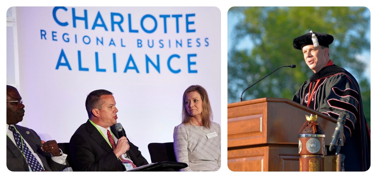 a collage of two photos with dr. downs at the charlotte regional alliance on the left and at graduation on the right