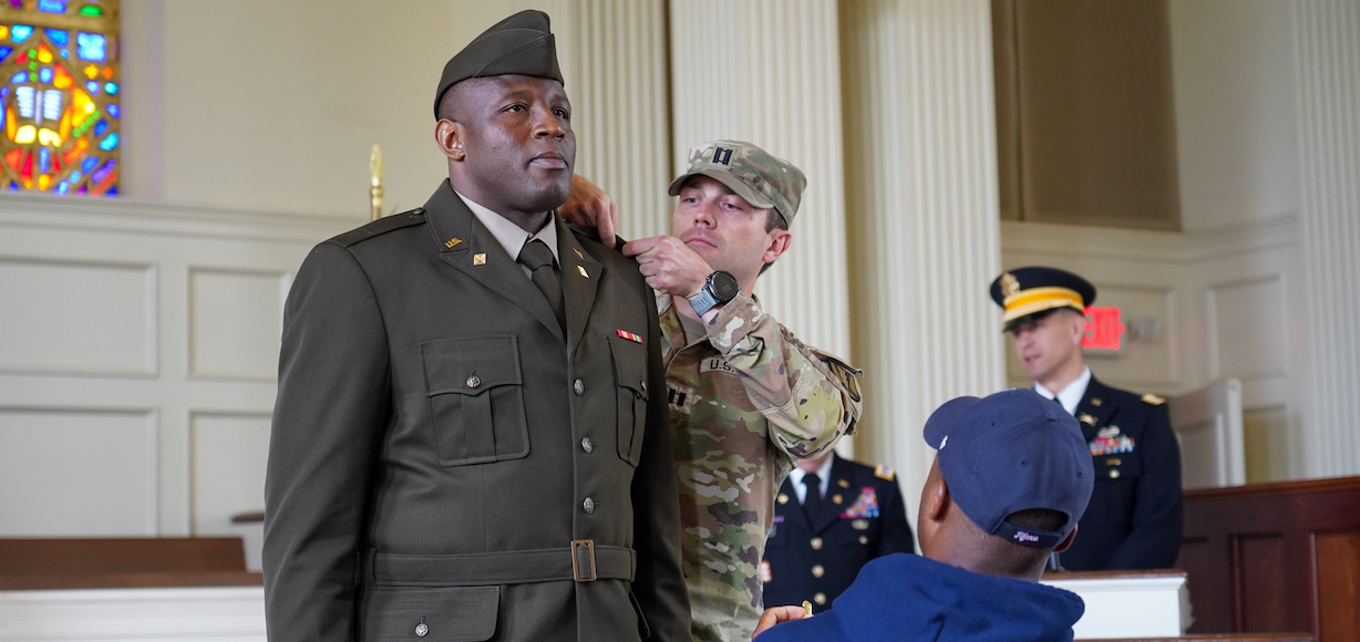 2nd Lt. Ngoufack Tsafack receives his officer bars in the commissioning ceremony