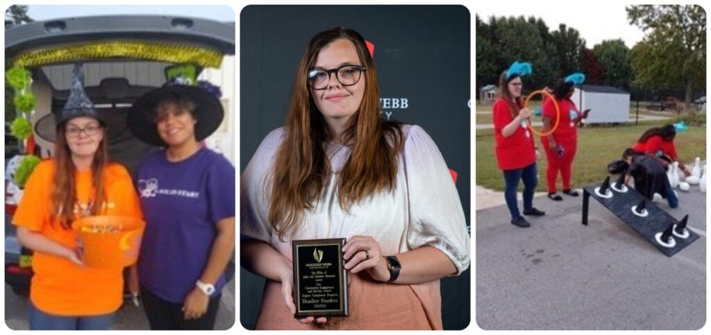 a collage of photos of Heather Foushee, working at the fall festival and receiving her award.