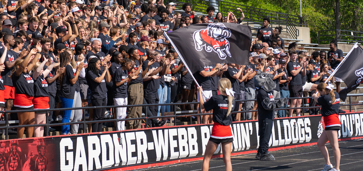 cheerleaders wave new bulldog flags at a crowd of students in the football stadium