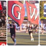 A photo collage featuring the GWU Mascot and students holding GWU flagsstud