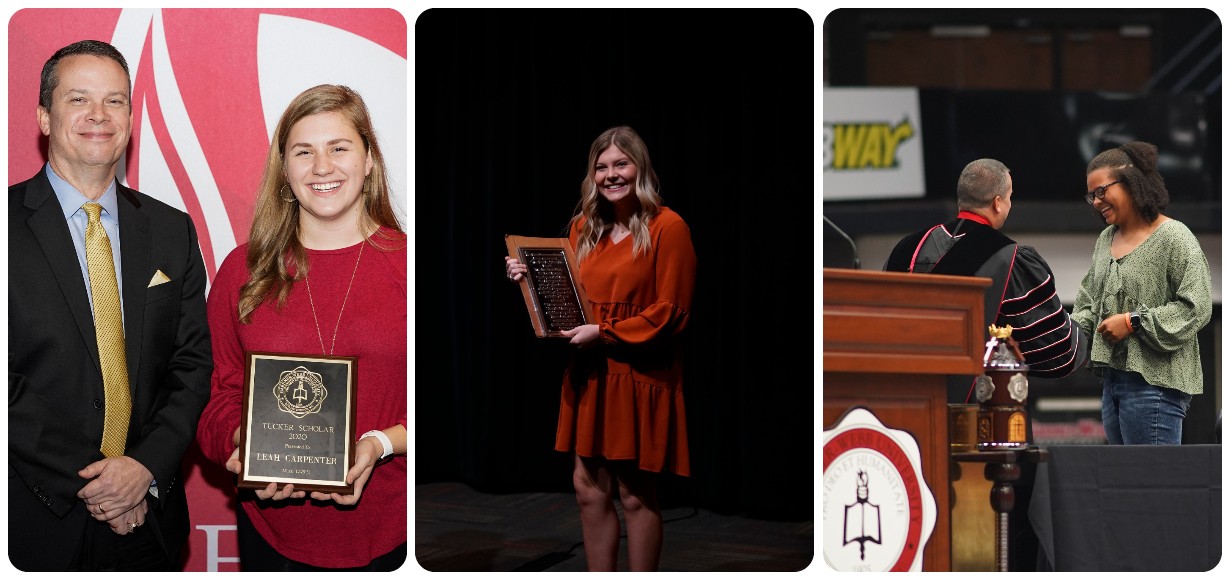 A collage featuring the presentation of the Tucker Scholarship, from left, Leah Carpenter, Kyndal Jackson and Kylee Morris