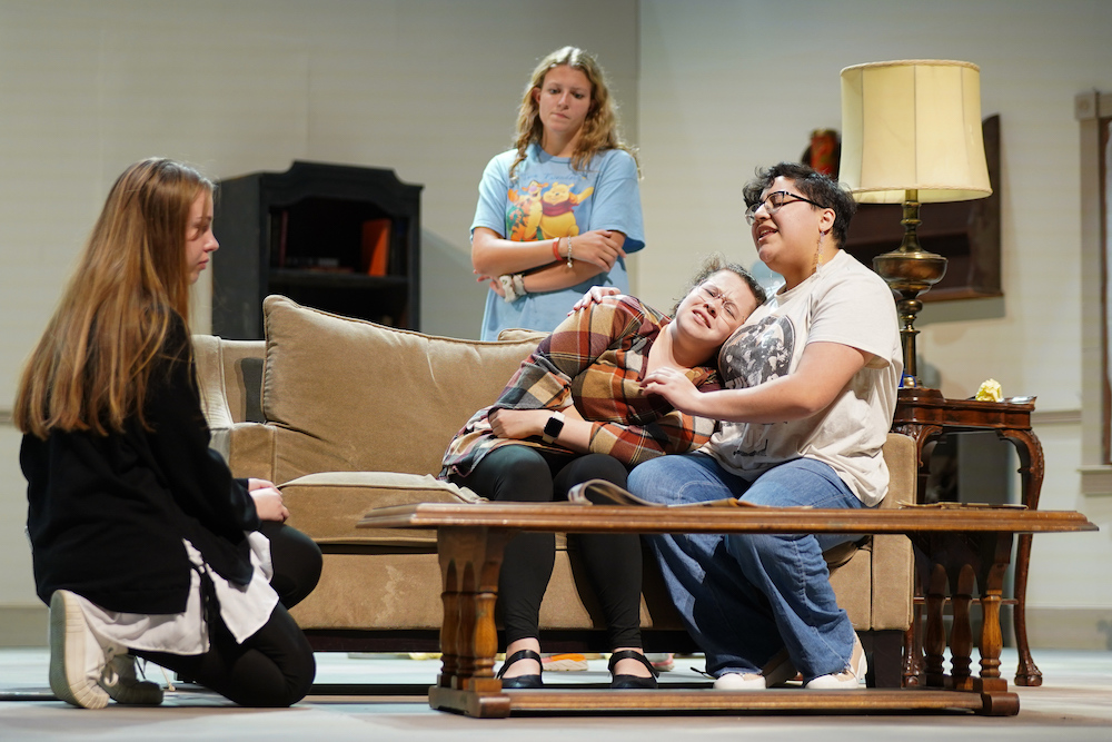 From left, Erica Clontz plays Sylvie; Raleigh Wallace is Florence Ungar; and Mia Cotty plays Mickey. Standing behind is Cara Cole playing Olive Madison.