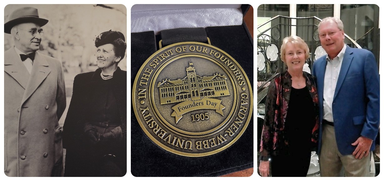 A collage featuring O.Max and Fay Webb Gardner, the Founders Medal and John and Linda Godbold