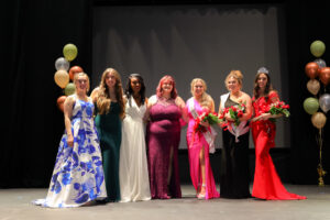 Miss GW 2023 Kendal Vest, right, poses with the runners-up, Grace Fort and Alyssa Wilkie and pageant contestants. Photo by Ezekiel Martin