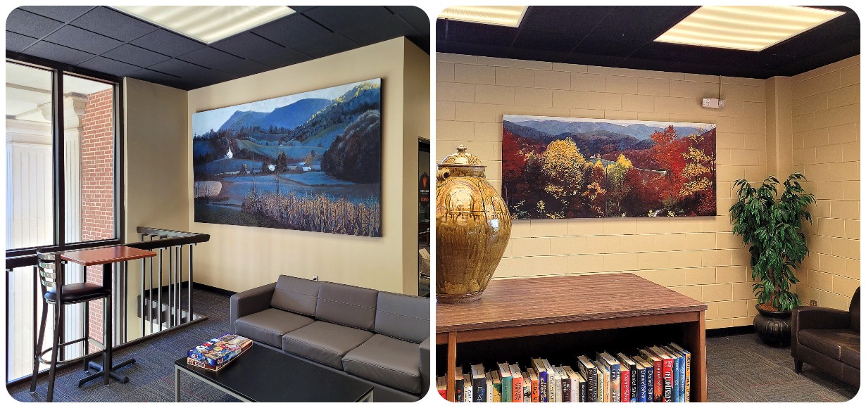 Photos of the two murals on the library's third floor