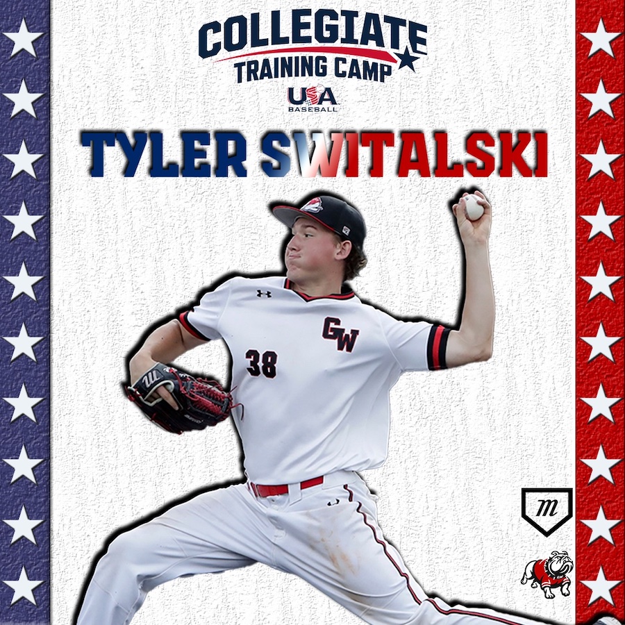A graphic featuring GWU baseball player Tyler Switalski