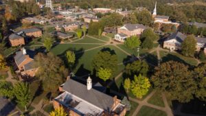 Aerial view of GWU campus buildings and quad