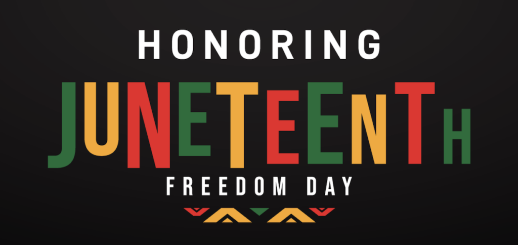 a banner with the word juneteenth in green, yellow and red