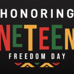 a banner with the word juneteenth in green, yellow and red