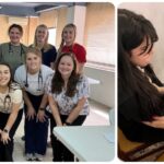 A collage featuring a group photo of the mission team and a student listening to a patient's heart and lungs