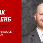a graphic with photo of GWU's new soccer coach