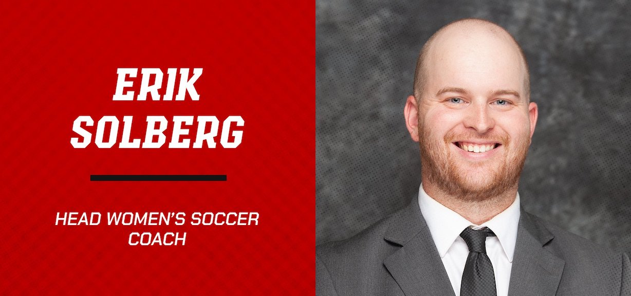 a graphic with photo of GWU's new soccer coach