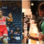 a collage of photos featuring a black male student wrestling and working at Starbucks