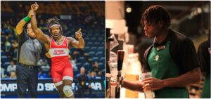 a collage of photos featuring a black male student wrestling and working at Starbucks