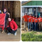 Two photos with groups posing in construction projects