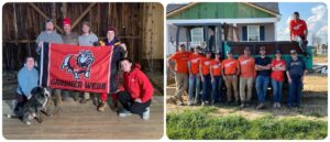 Two photos with groups posing in construction projects
