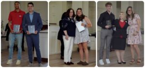 a collage of three photos with students holding awards