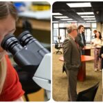 a collage featuring a girl looking into a microscope and another girl explaining her science poster