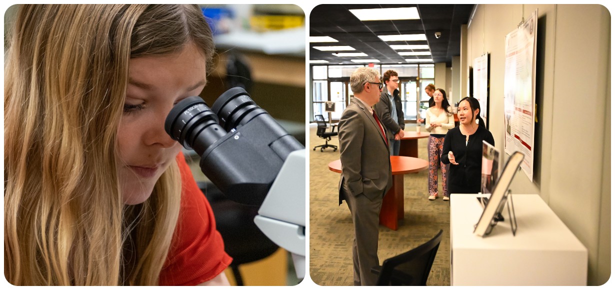 a collage featuring a girl looking into a microscope and another girl explaining her science poster