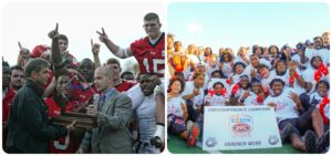 A collage featuring pictures of the 2003 and 2023 football champions