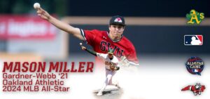 a graphic featuring Mason Miller as a bulldog and as an A's player