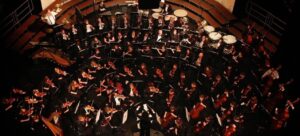 an overhead shot of the gwu orchestra