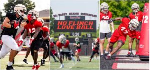 A collage of pictures from football practice