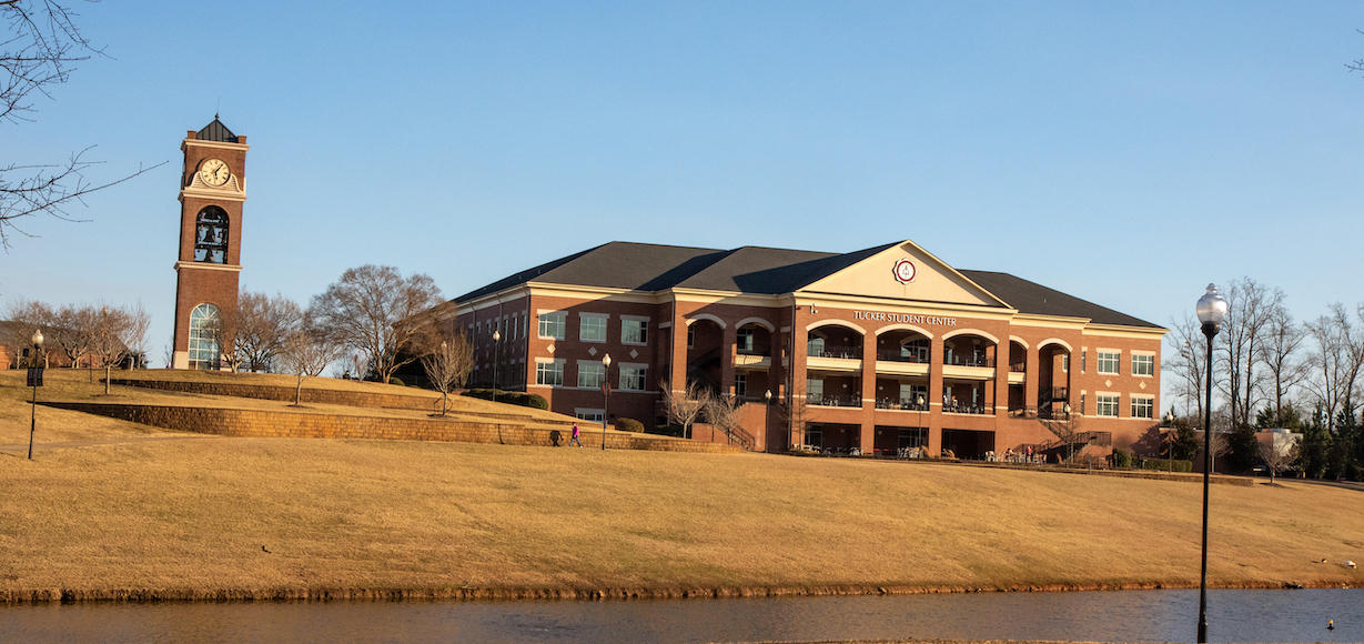 Tucker Student Center and the Lake Hollifield Bell Tower