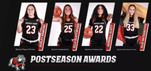 a graphic featuring the four women's basketball players honored