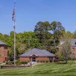 A wide shot of the Gardner-Webb quad with students walking to class