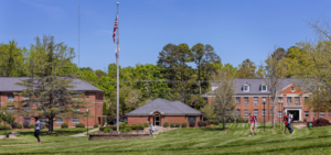 A wide shot of the Gardner-Webb quad with students walking to class