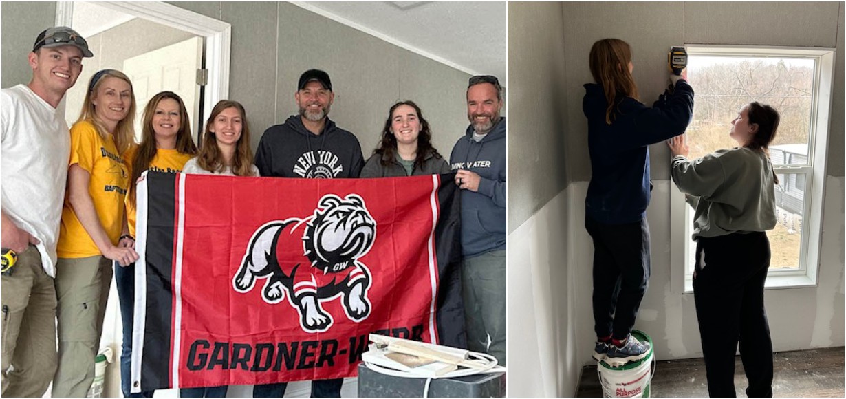 A collage featuring a group photo of the mission team and students working