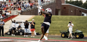 Football player makes a catch at the end zone