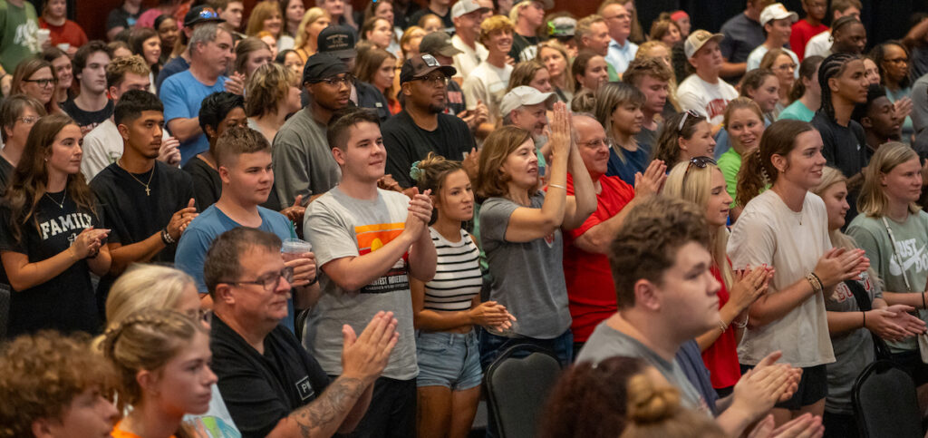 First-year students and their families at the welcome event.