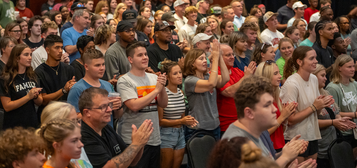 First-year students and their families at the welcome event.