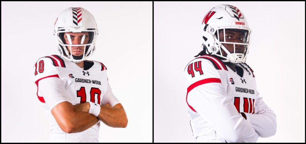 A collage featuring Nate Hampton, left, and Jamari Young posing in their football uniforms