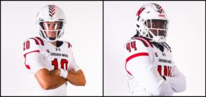 A collage featuring Nate Hampton, left, and Jamari Young posing in their football uniforms
