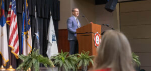 Robert “Navy Bob” Roncska speaks at the Veterans Day event.