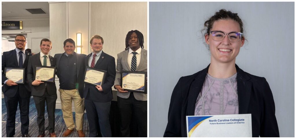 FBLA collage of winners - the Finance Team on the left and accounting winner, Alaena Locklear