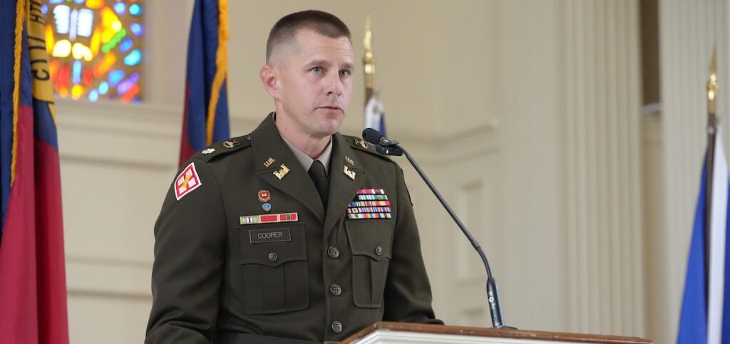 memorial day speaker Lt. Col. Michael A. Cooper speaking in Dover Chapel